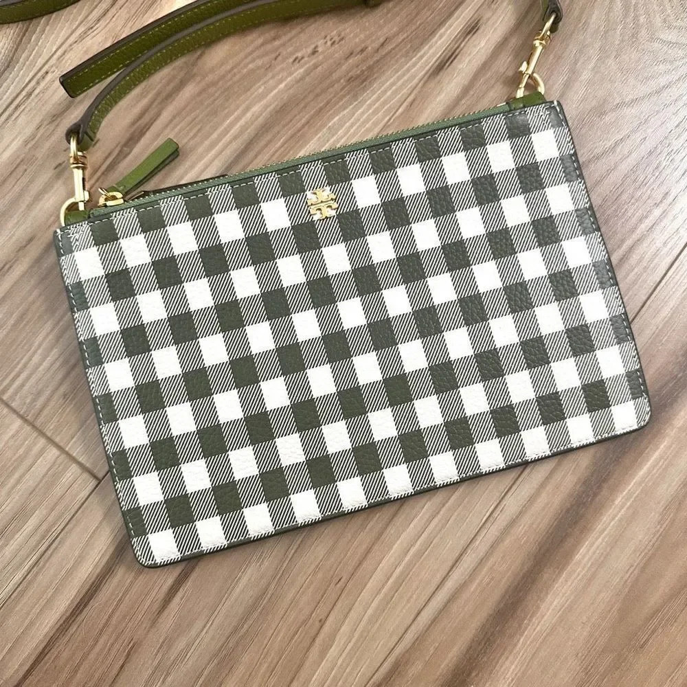 TORY BURCH | Blake Green White Gingham Crossbody Double Zip 3 Compartment Bag‎